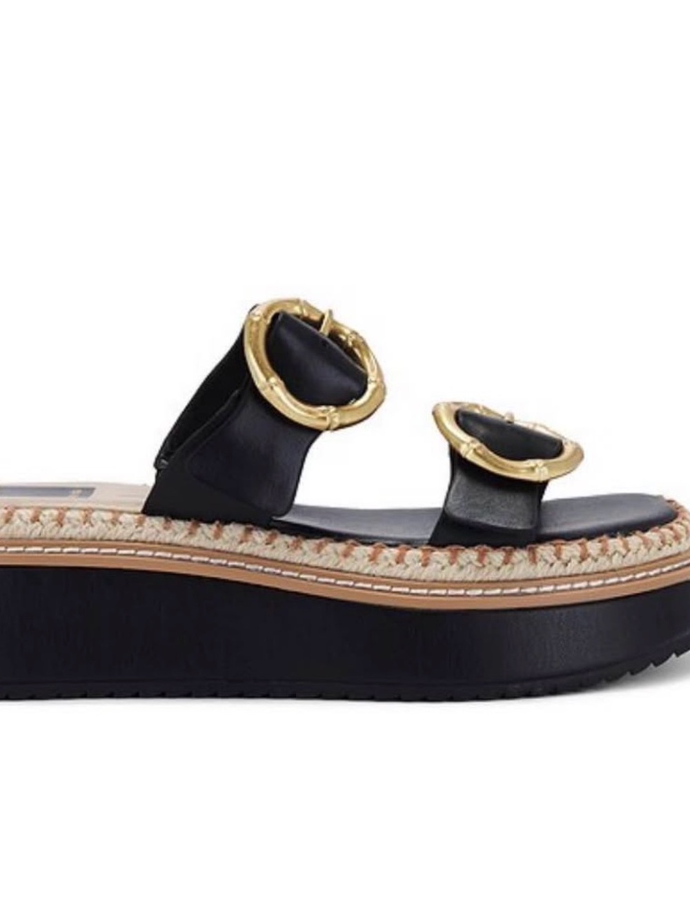 Dolce Vita Black Platform Slide Sandals with Gold Ring Accents